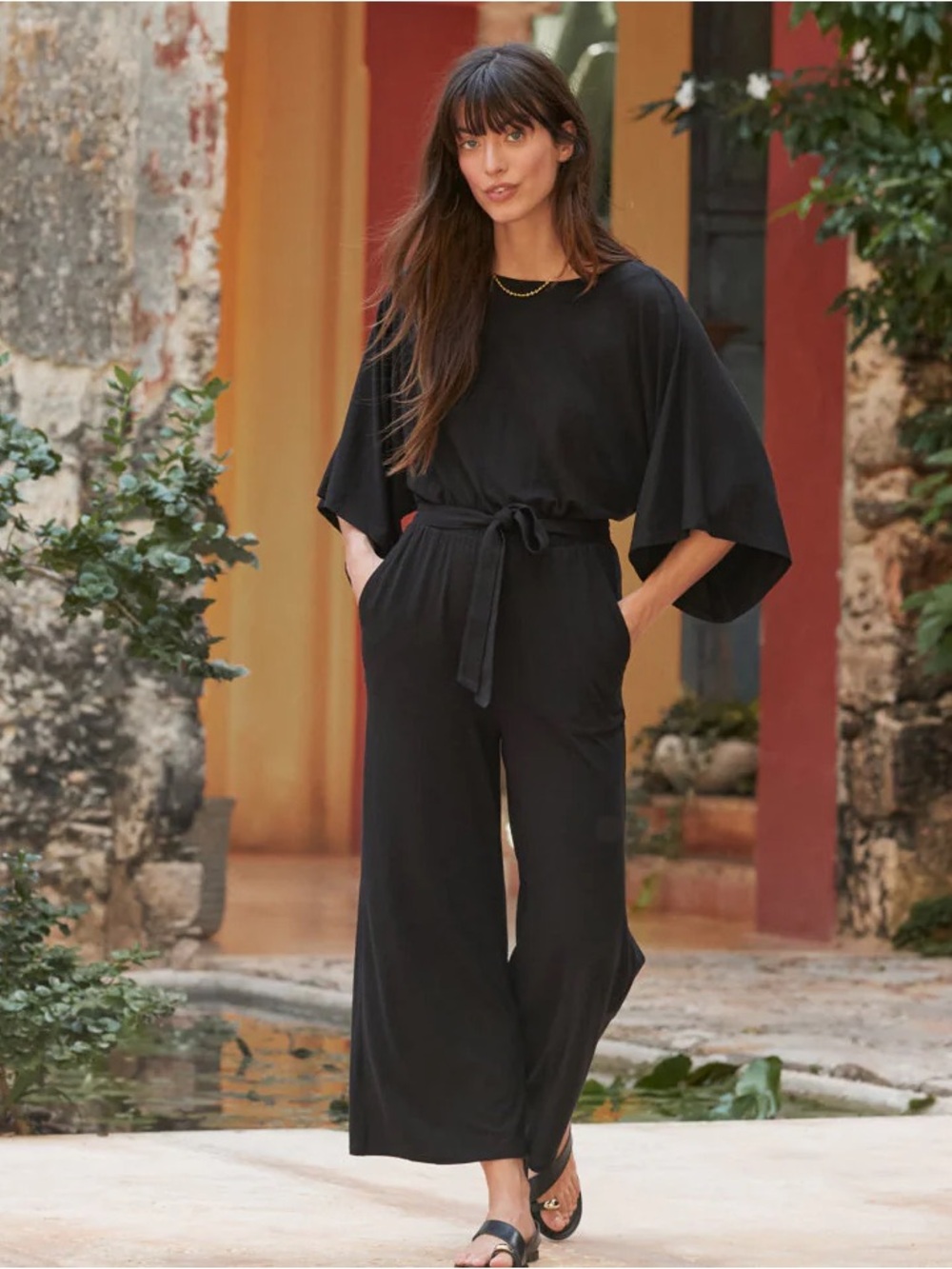 Garnet Hill Prato TENCEL Wide Leg Jumpsuit Black Size M 8-10 NWT